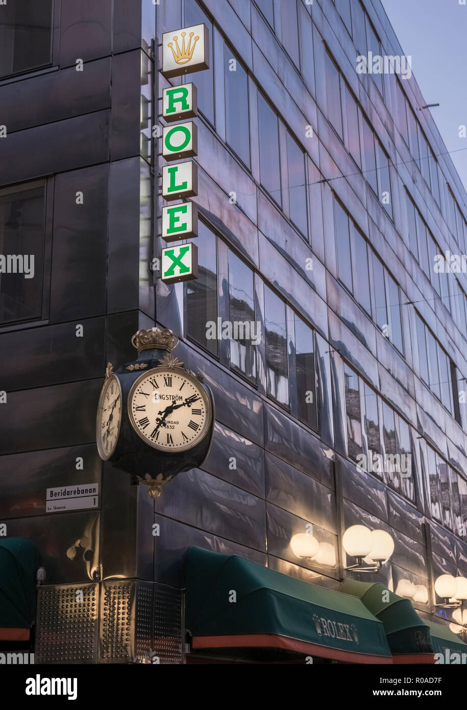 Rolex Clock and dealer building exterior, Drottninggatan, Stockholm, Sweden Stock Photo