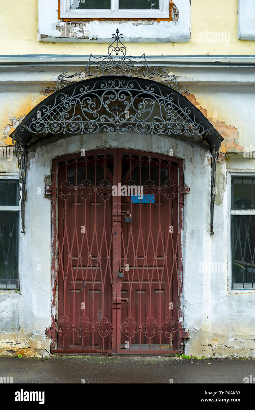 Biysk, closed doors in the old building of the former trading house Sychev, Altai Krai Stock Photo