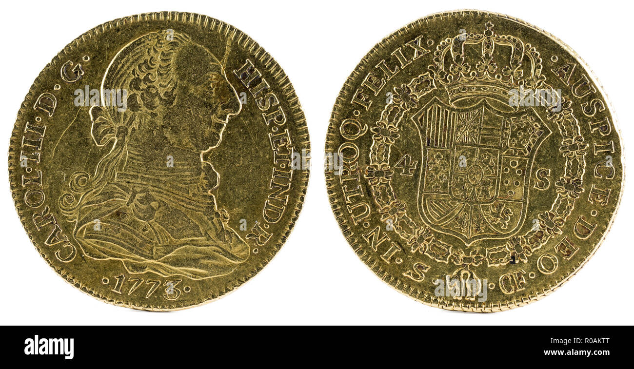 Ancient Spanish gold coin of King Carlos III. With a value of 4 escudos and minted in Sevilla