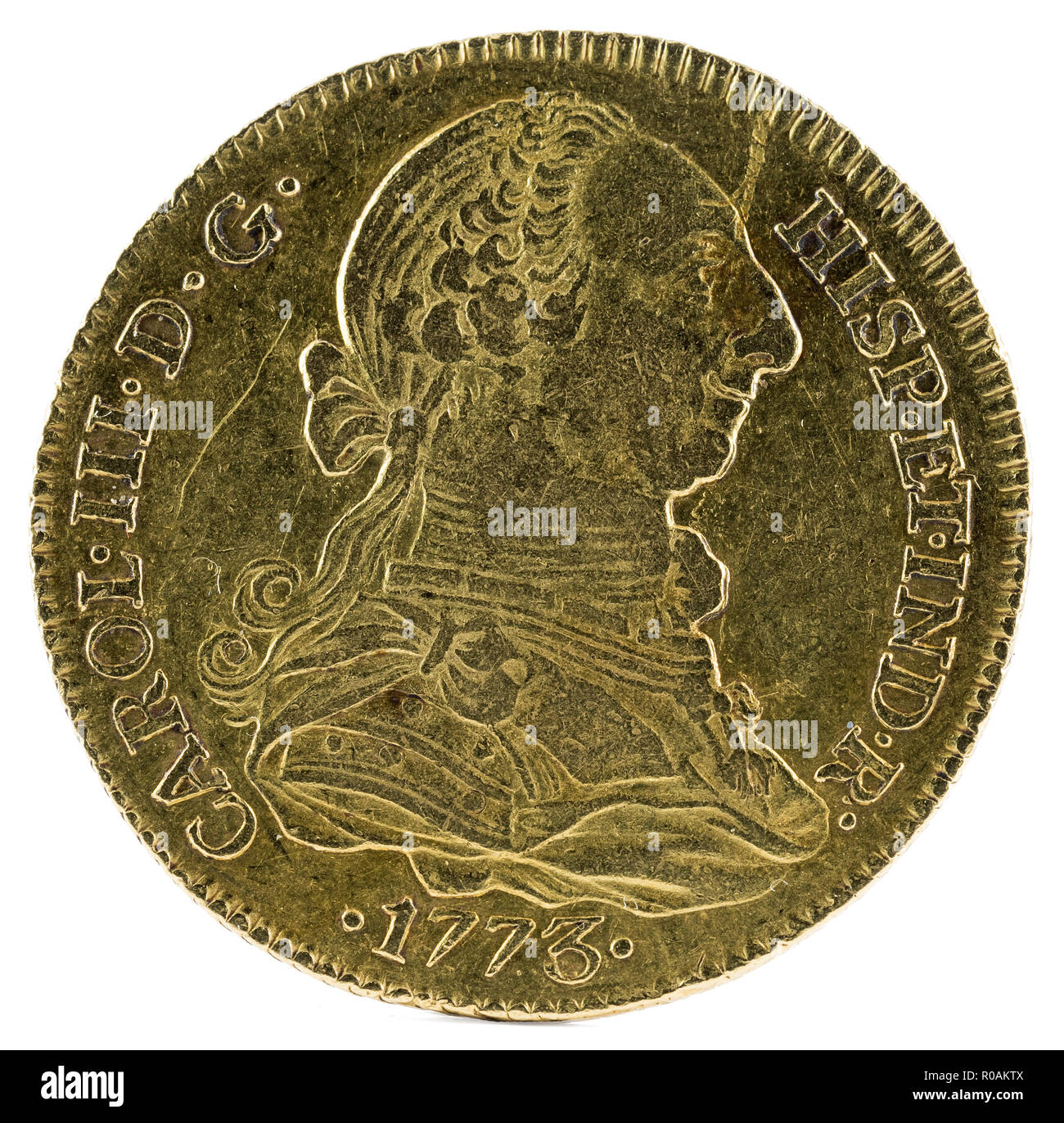 Ancient Spanish gold coin of King Carlos III. With a value of 4 escudos
