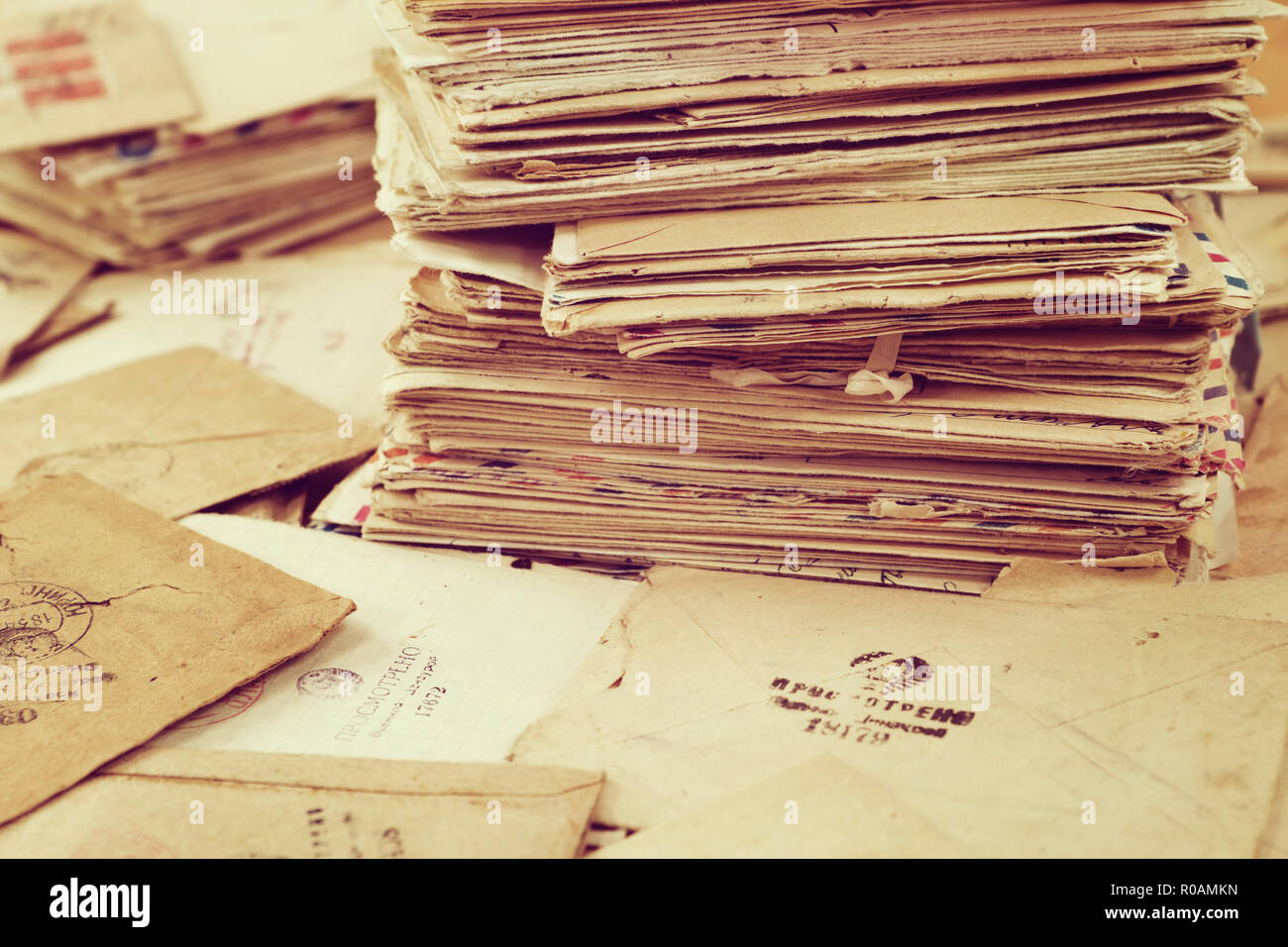 Stack of the old paper mail letters of 20 century in USSR. Envelopes are stamped: 'Viewed by military cencorship' Stock Photo