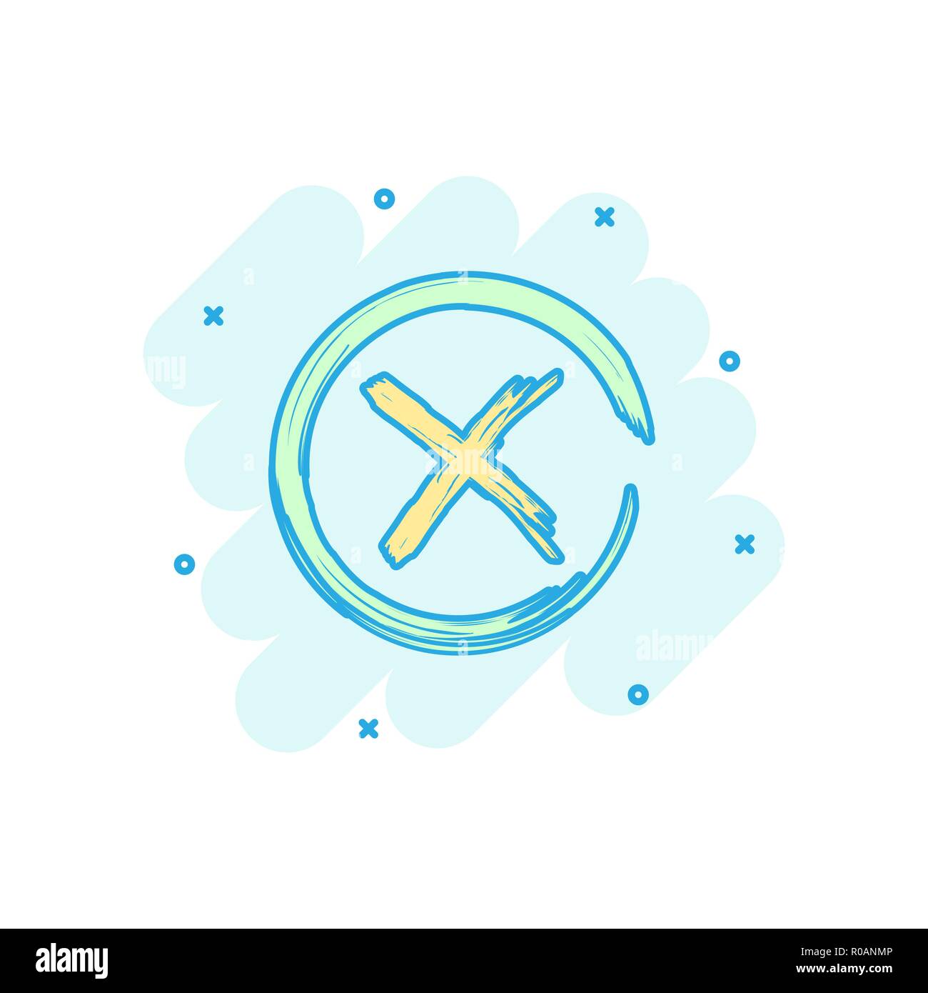 Vector cartoon check marks cross, no icon in comic style. Wrong sign illustration pictogram. No business splash effect concept. Stock Vector
