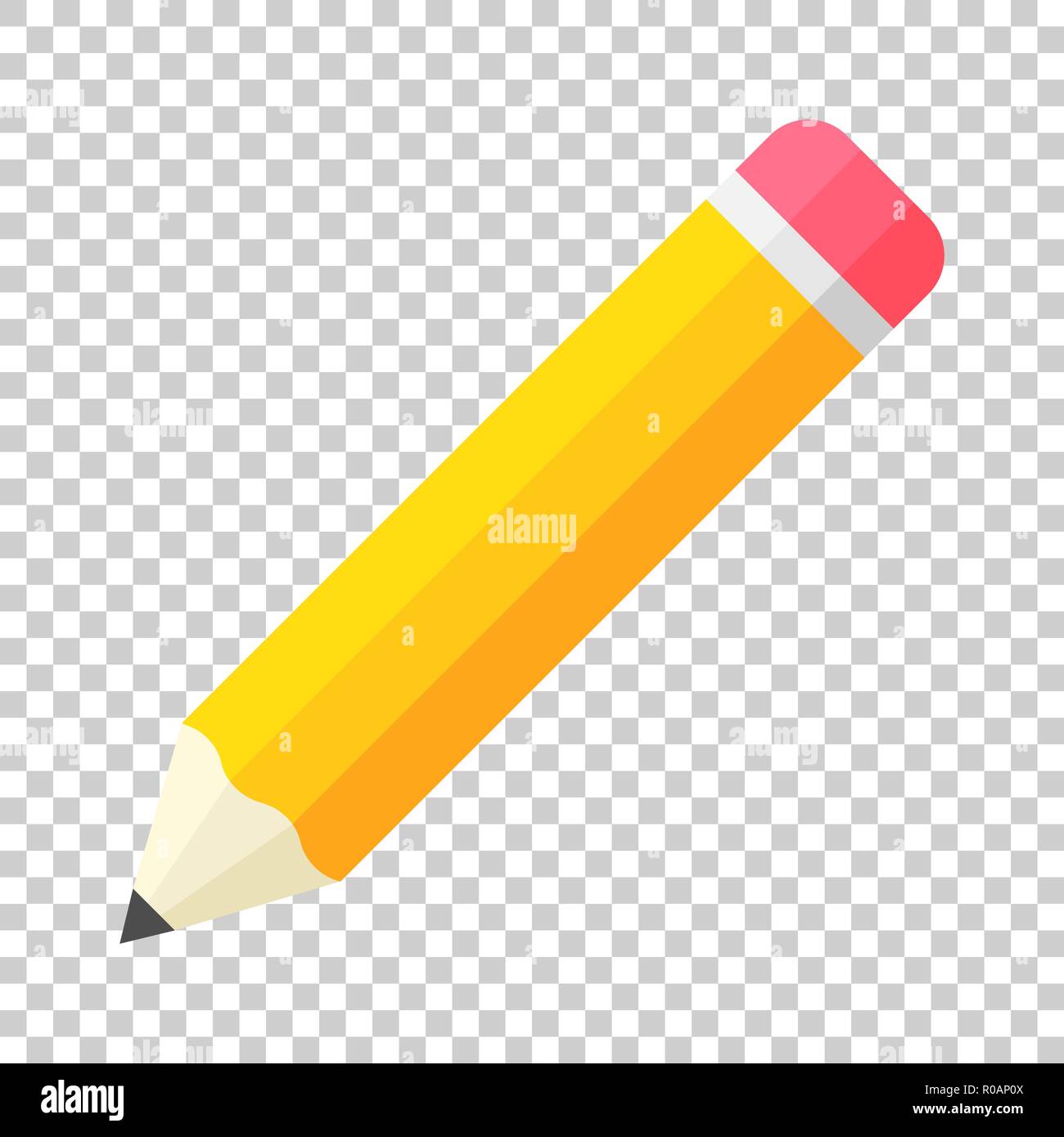 Realistic yellow wooden pencil with rubber eraser icon in flat style