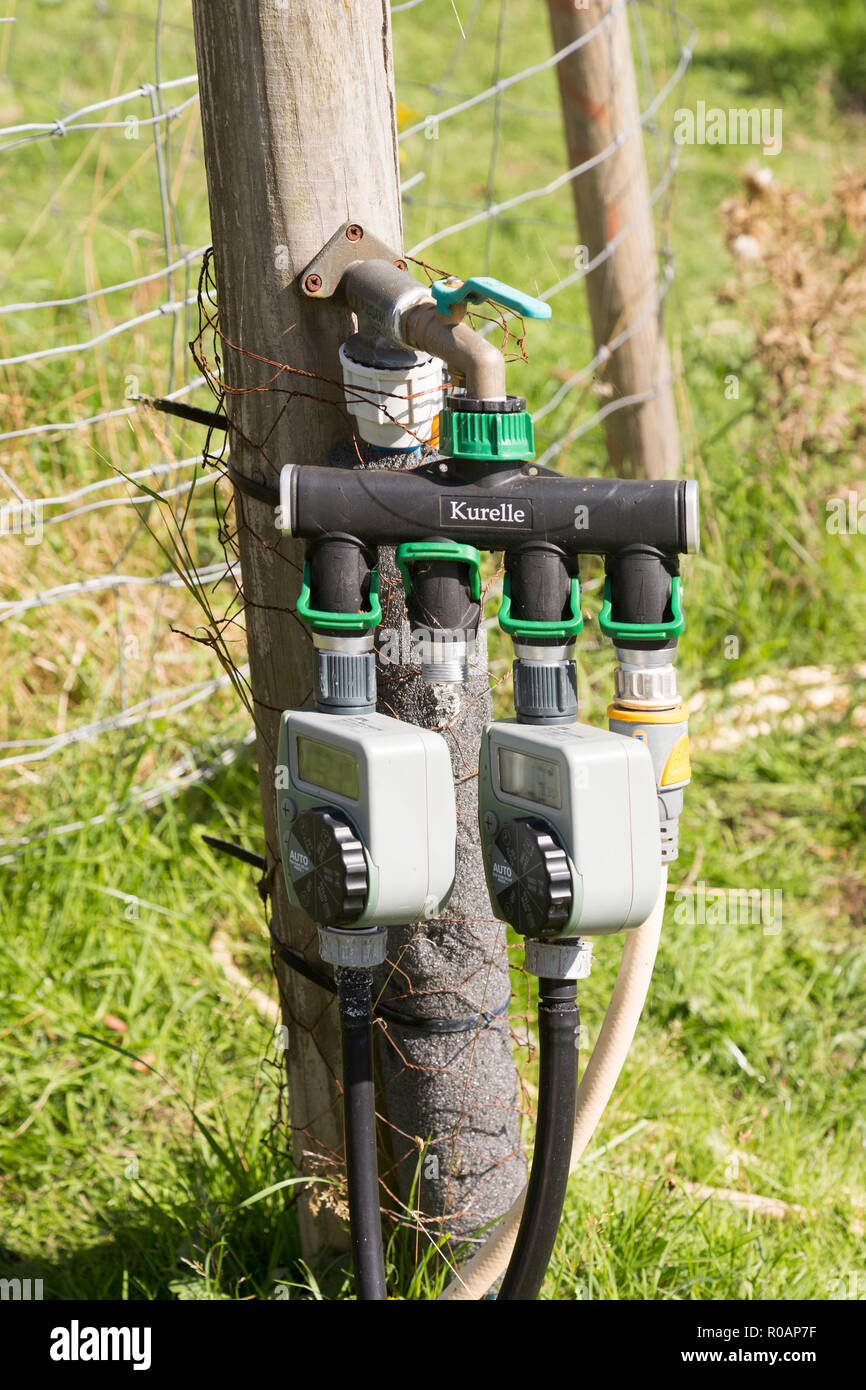 Kurelle hose connector water meter tap and hosepipe, Suffolk, England, UK Stock Photo