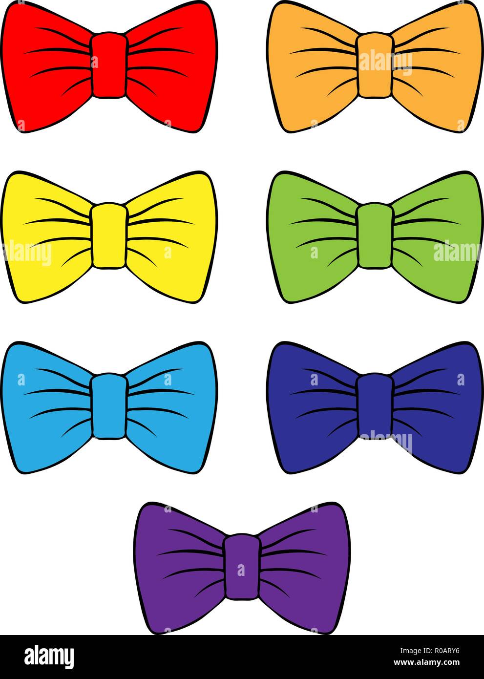 Set of vector bright bows. multicolored bow drawing with contour. for decoration and design. children's illustration isolated on white background. cos Stock Vector