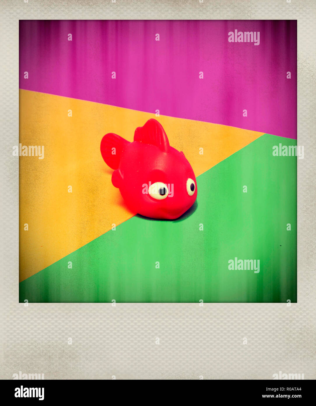 Polaroid of red toy fish Stock Photo