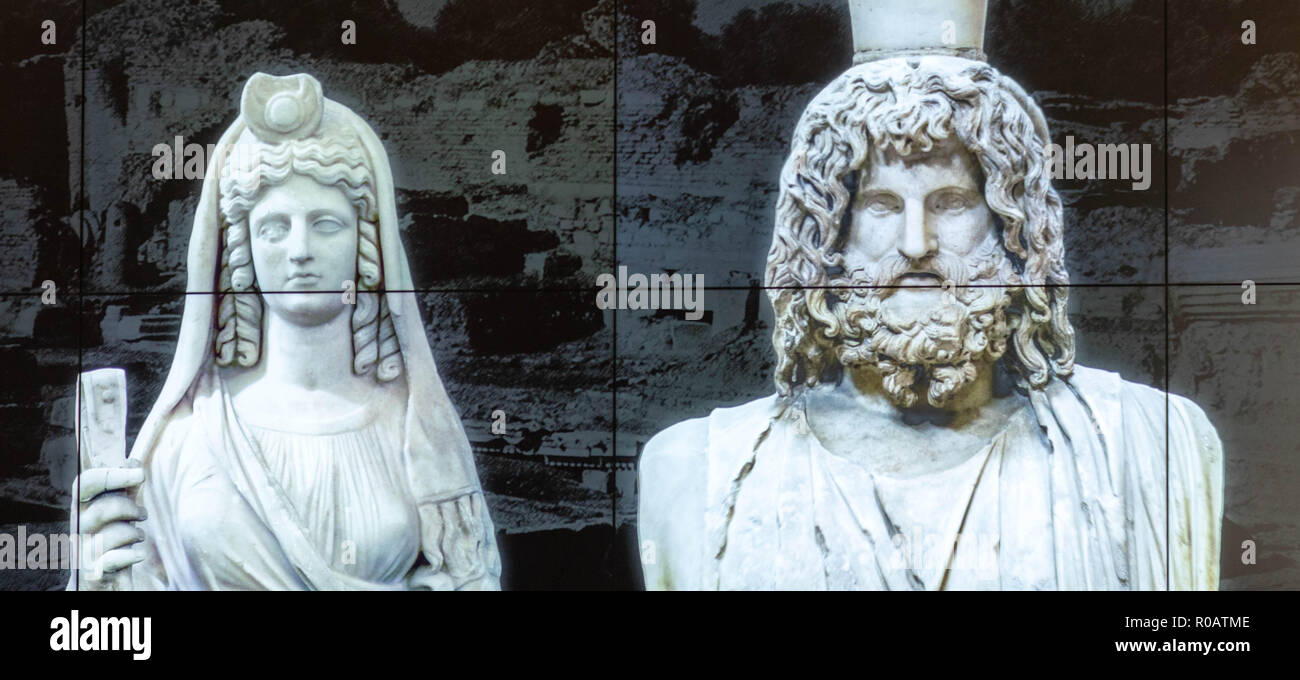 Video Image of the Roman statues of Persephone (Isis), Pluto (Sarapis) from the Temple of the Egyptian Dieties in Gortyn (2nd century AD) . Stock Photo