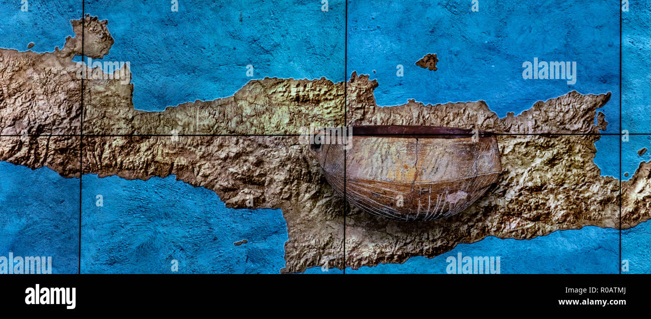 Aegean Bronze Aged Cup, Colored Image, Geographical Map of Greece, Mediterranean Sea. Stock Photo