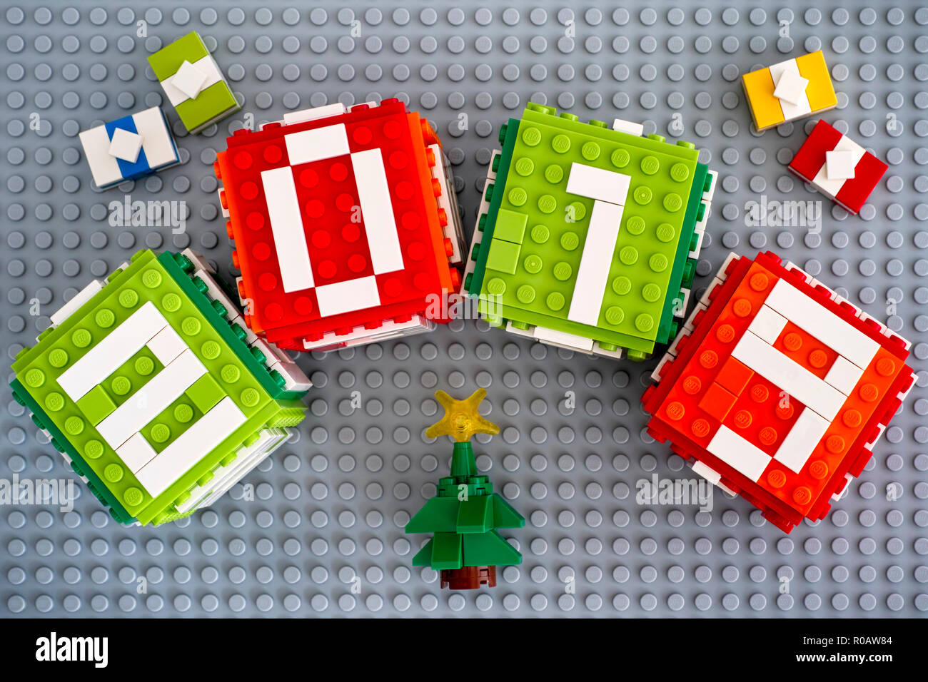 Tambov Russian Federation September 02 2018 Lego New year 2019 concept with Lego cubes gifts and Christmas tree on gray baseplate background Stock Photo Alamy