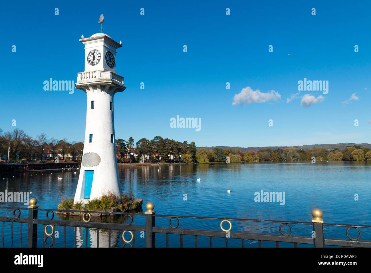 Captain Scott Memorial lighthouse at Roath Park Lake, Cardiff, Wales
