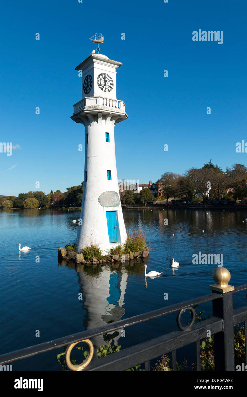 Captain Scott Memorial lighthouse at Roath Park Lake, Cardiff, Wales