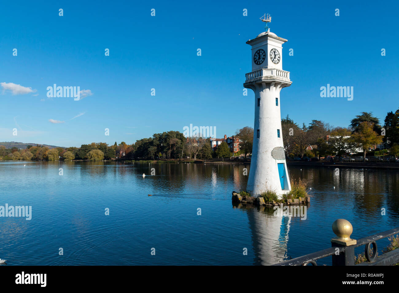 Captain Scott Memorial lighthouse at Roath Park Lake, Cardiff, Wales