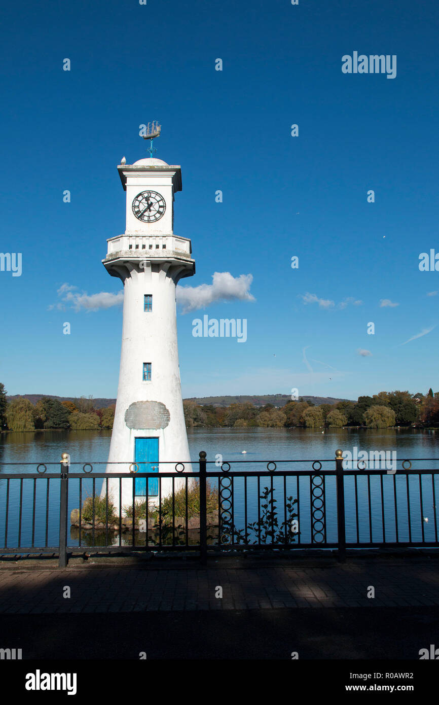 Captain Scott Memorial lighthouse at Roath Park Lake, Cardiff, Wales