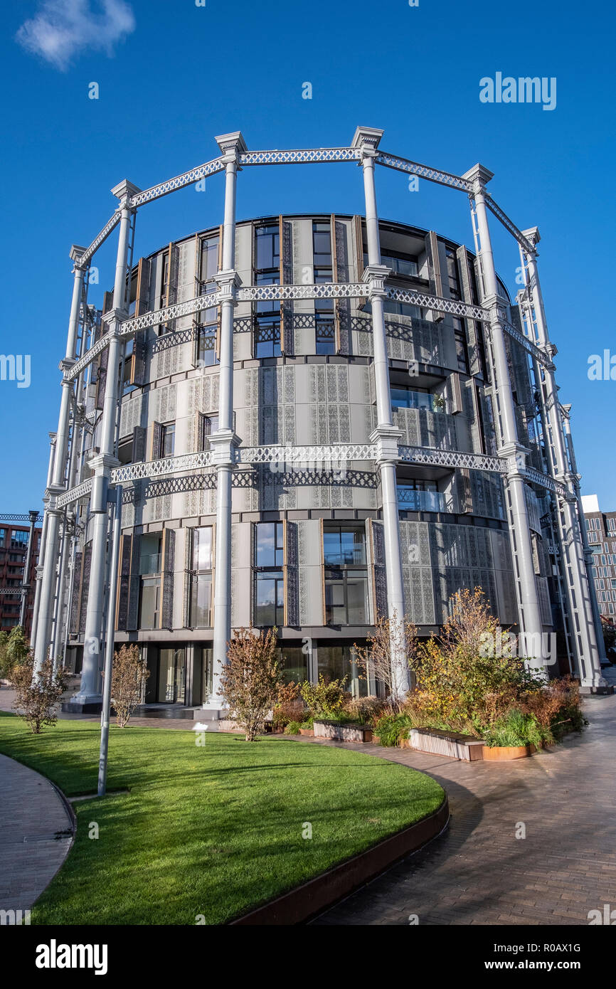 Gasholder Park with the Gasholders apartments at Kings Cross, London