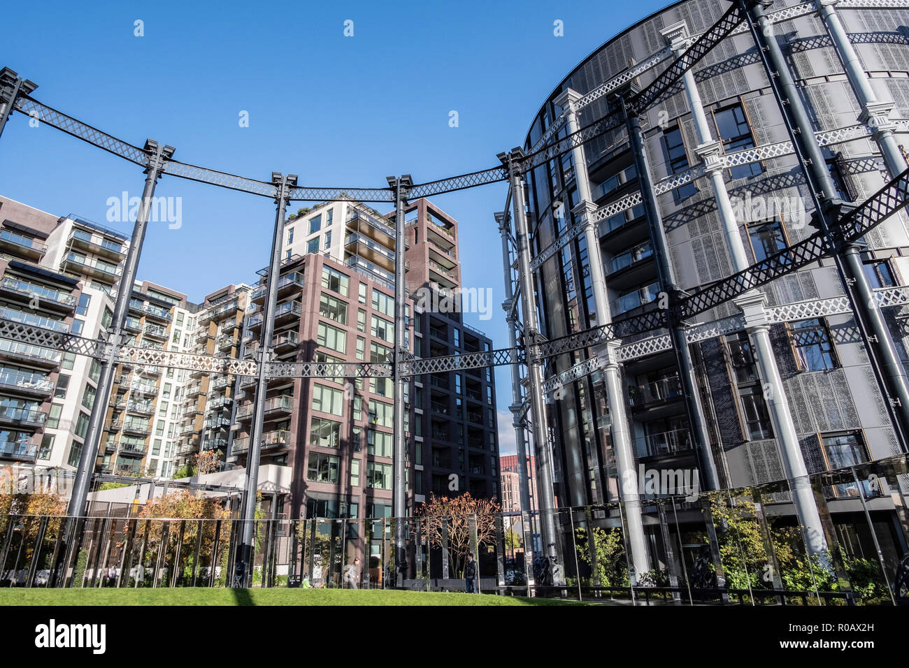 Gasholder Park with the Gasholders apartments at Kings Cross, London