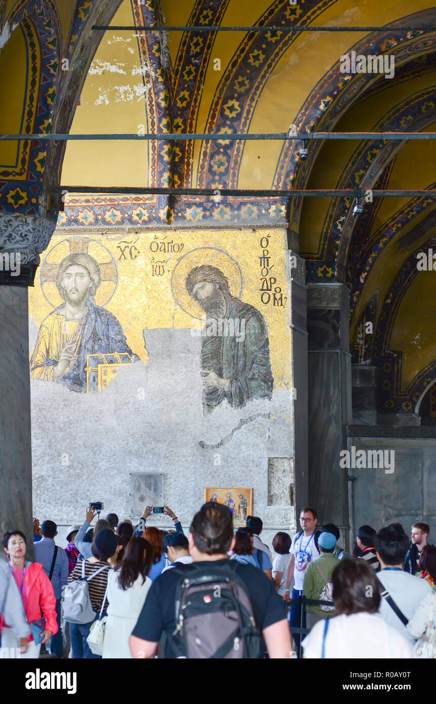 Istanbul, TURKEY, September 19, 2018. A group of tourists visiting the interior and mosaic of Hagia Sophia in Istanbul. Stock Photo