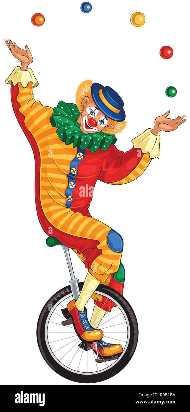 Cartoon circus clown juggling balls on unicycle. Cartoon children illustration Stock Photo