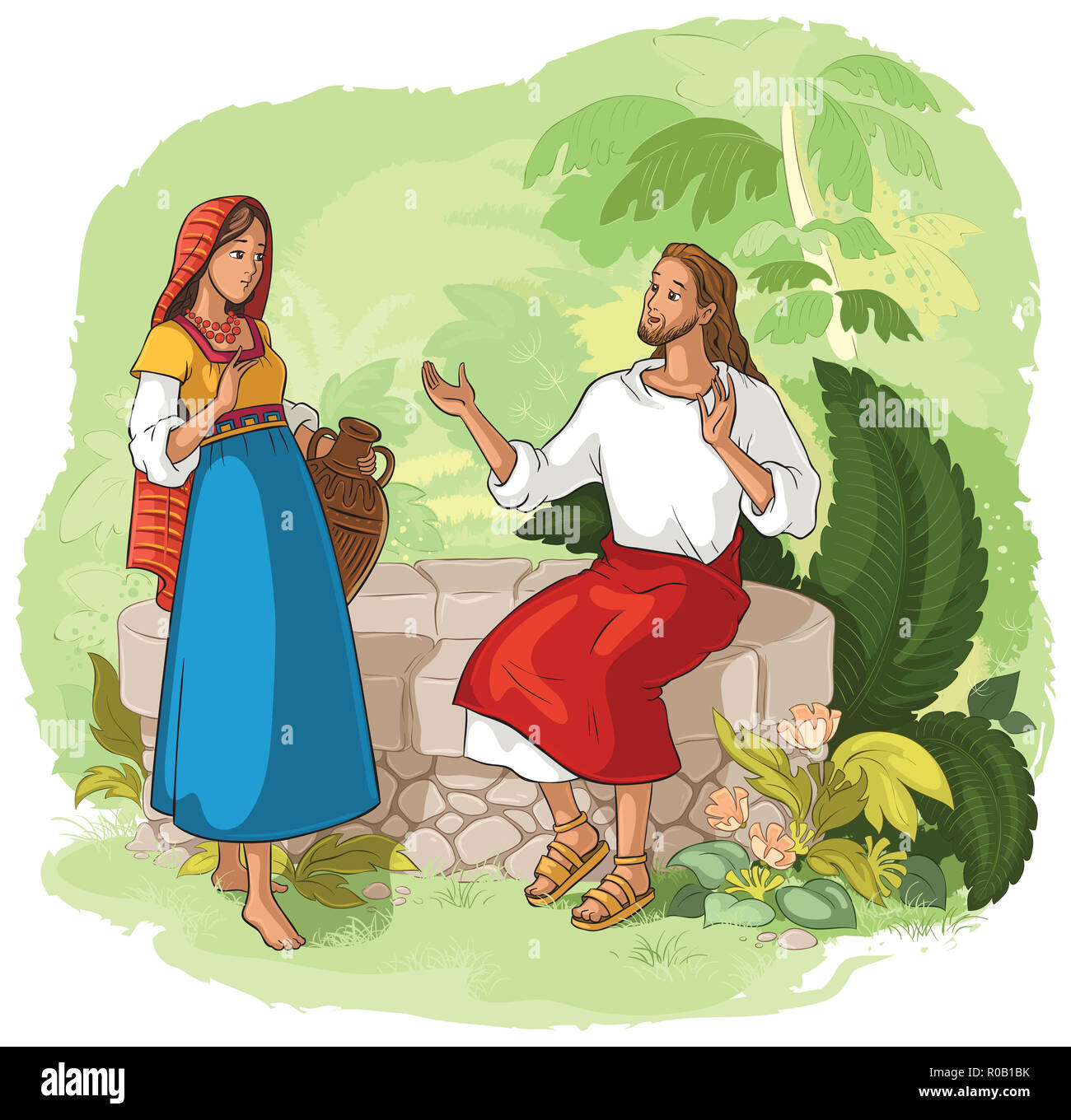 Jesus and the Samaritan Woman at the Well. Christian cartoon illustration  Stock Photo - Alamy