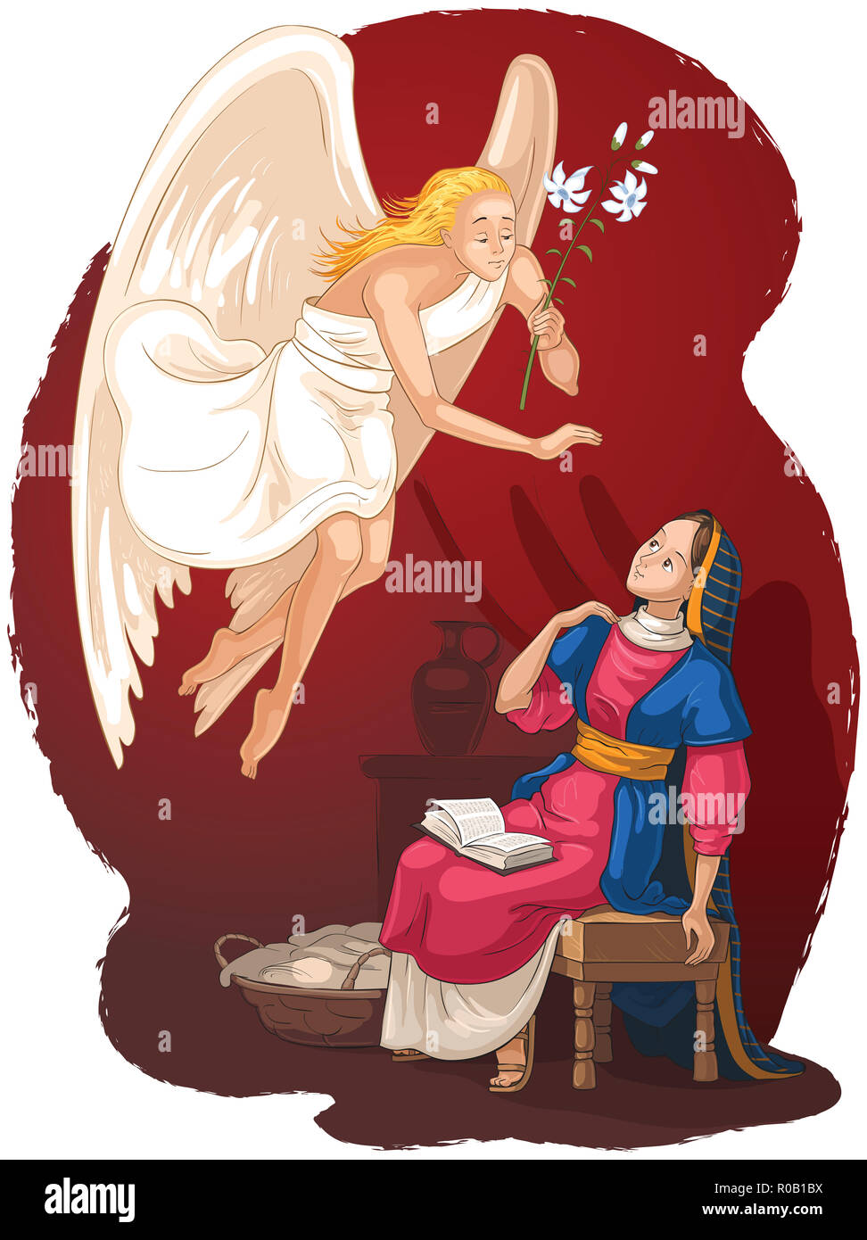 Annunciation. Angel Gabriel announcement to Mary of the incarnation of Jesus. Cartoon christian illustration Stock Photo