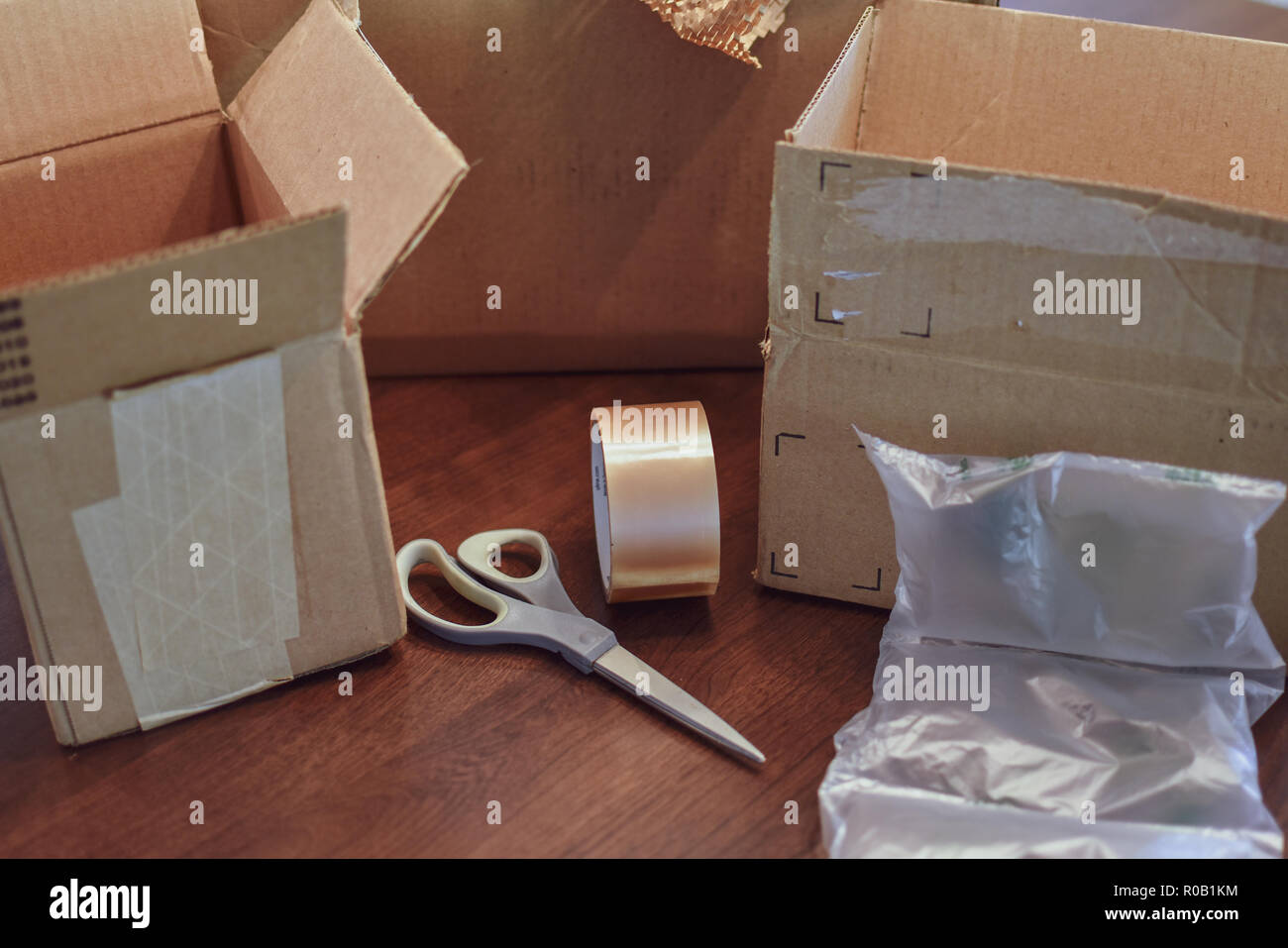 Packaging materials and supplies on a table Stock Photo