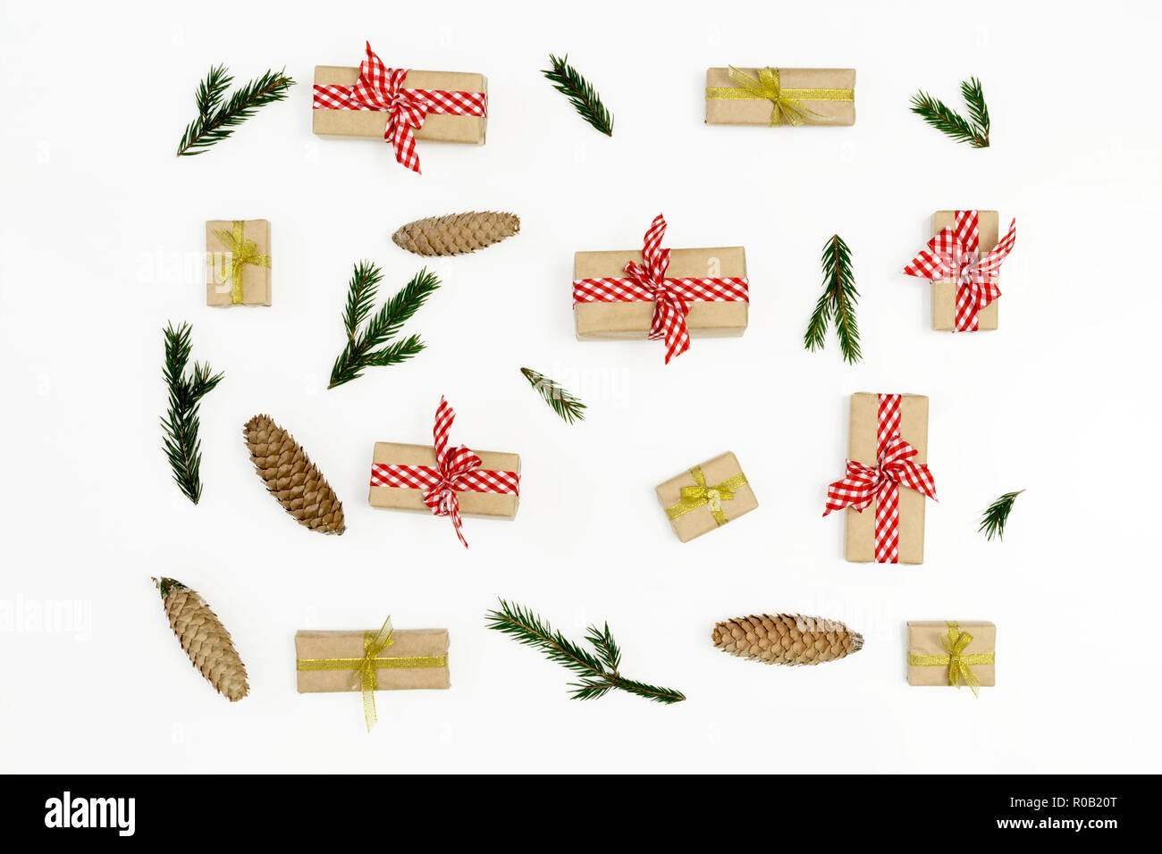 Christmas composition. Gift, fir branches, pine cones on white ...