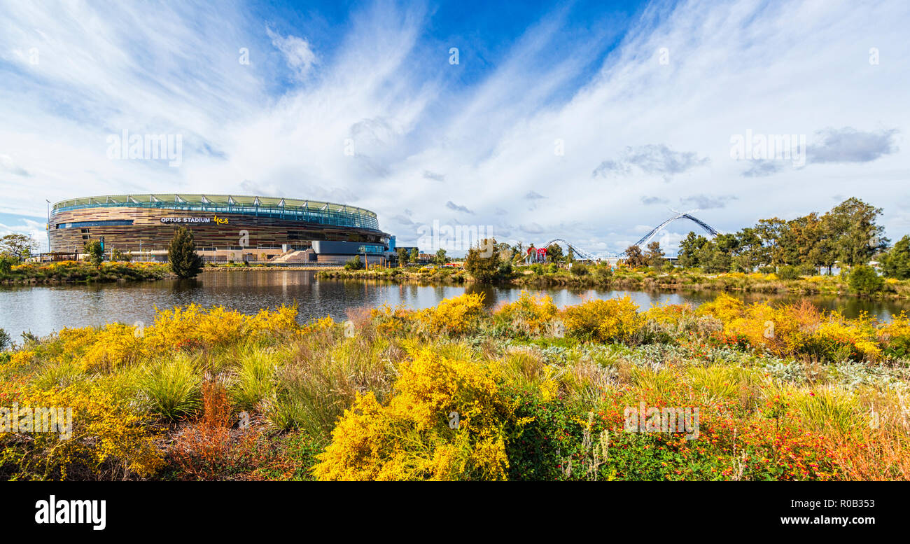 Chevron Parkland and Stadium Park with a lake and native plants next to Optus Perth Stadium in Burswood. Stock Photo