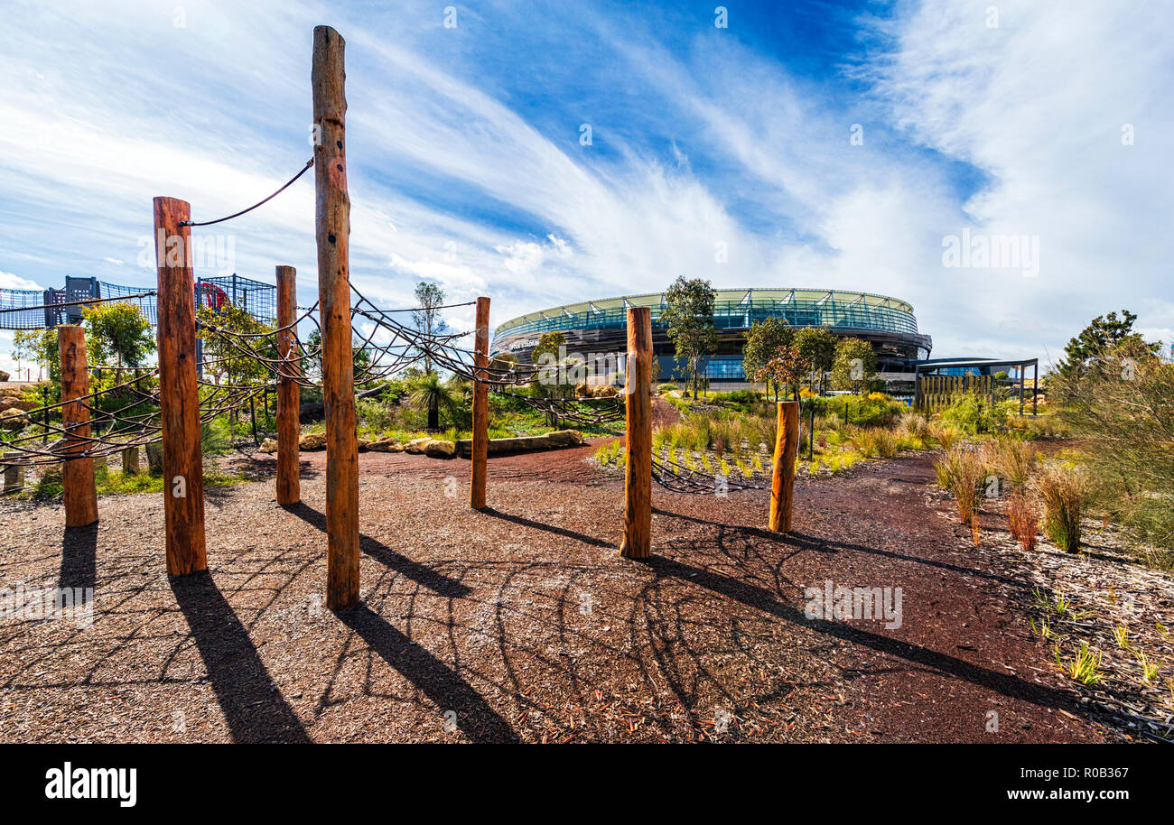 Rope climbing frames playground in Chevron Parkland next to optus Stadium. Burswood Stock Photo