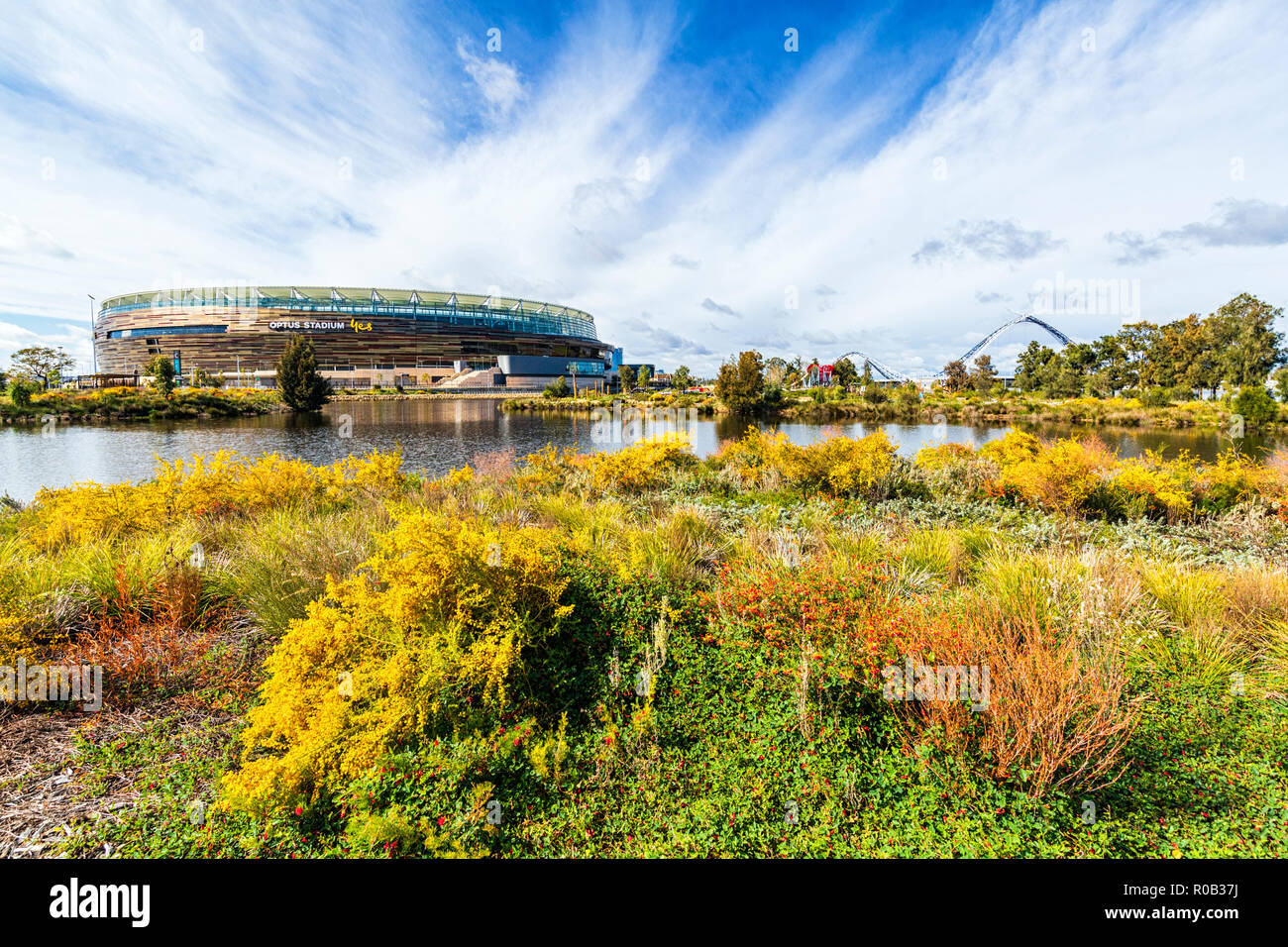 Chevron Parkland and Stadium Park with a lake and native plants next to Optus Stadium in Burswood. Stock Photo