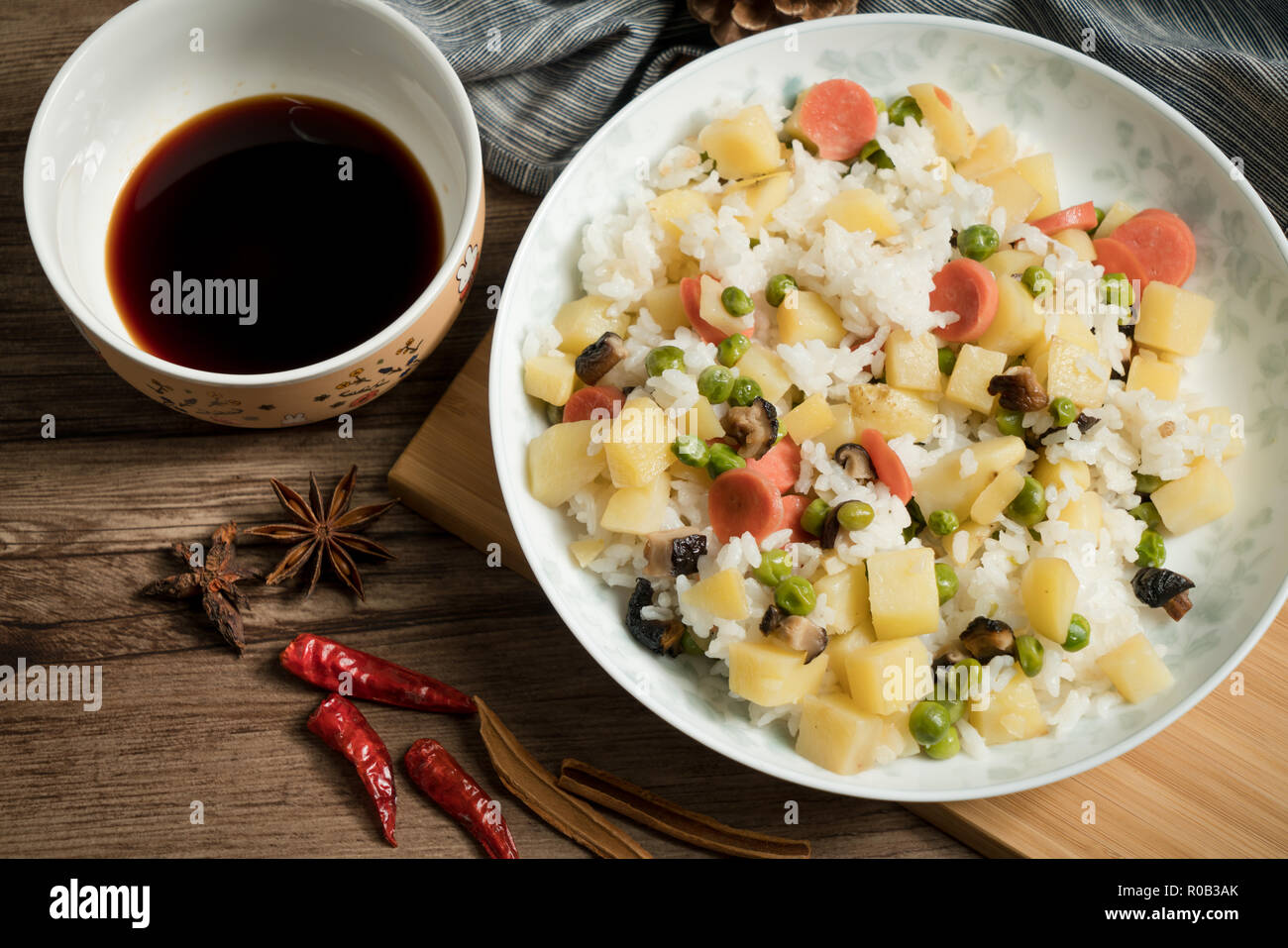 Fried rice and wooden background Stock Photo