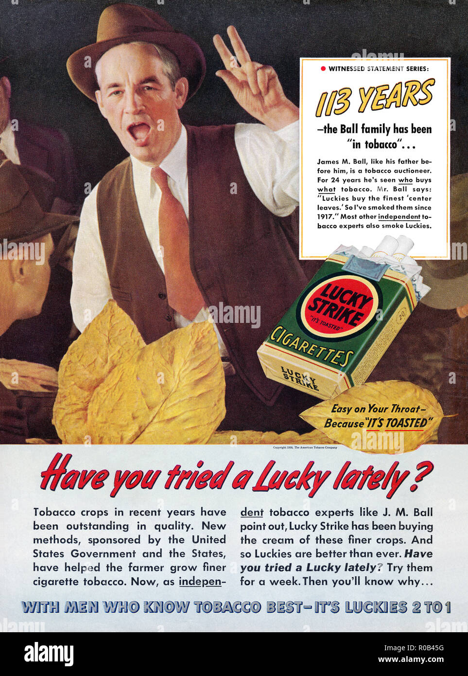 1939 U.S. advertisement for Lucky Strike cigarettes. Stock Photo