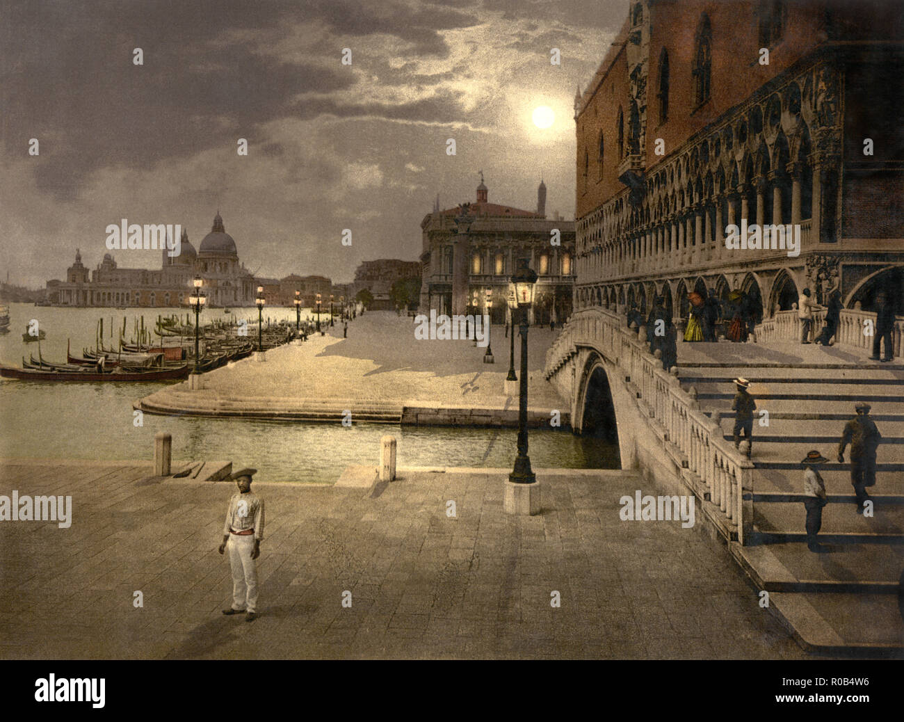 Doge's Palace and St. Mark's by Moonlight, Venice, Italy, Photochrome Print, Detroit Publishing Company, 1900 Stock Photo