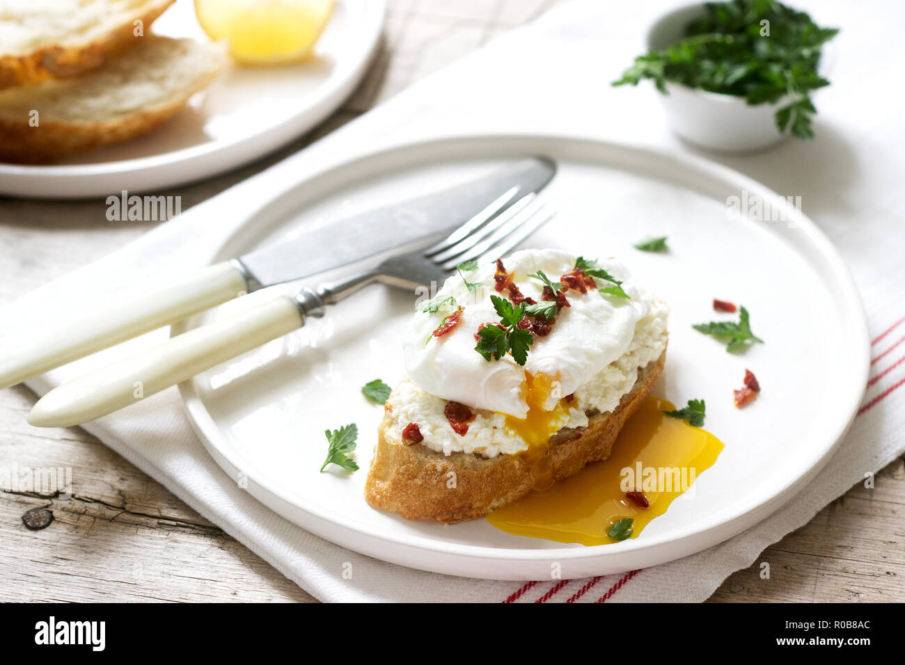 Crispy Baguette Toasts With Cottage Cheese Poached Egg And Dried