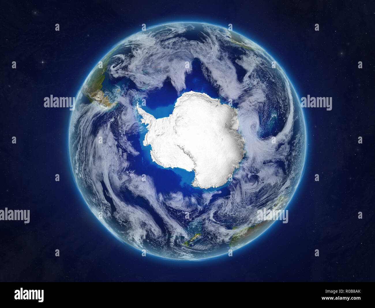 Antarctica from space on realistic model of planet Earth with very detailed planet surface and clouds. 3D illustration. Elements of this image furnish Stock Photo