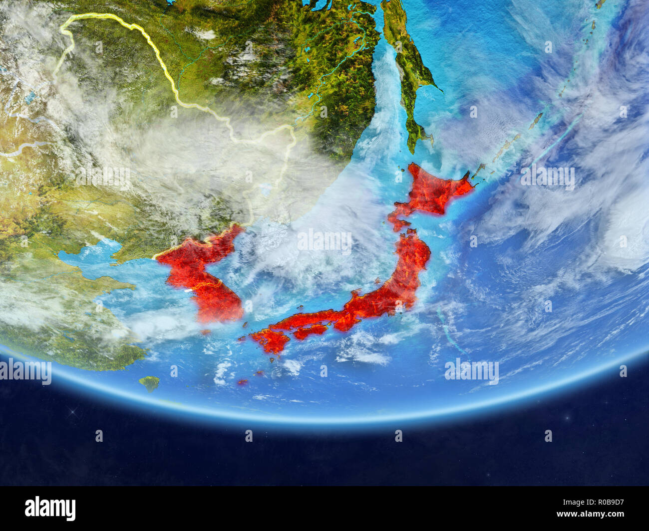 Japan and Korea on realistic model of planet Earth with country borders ...