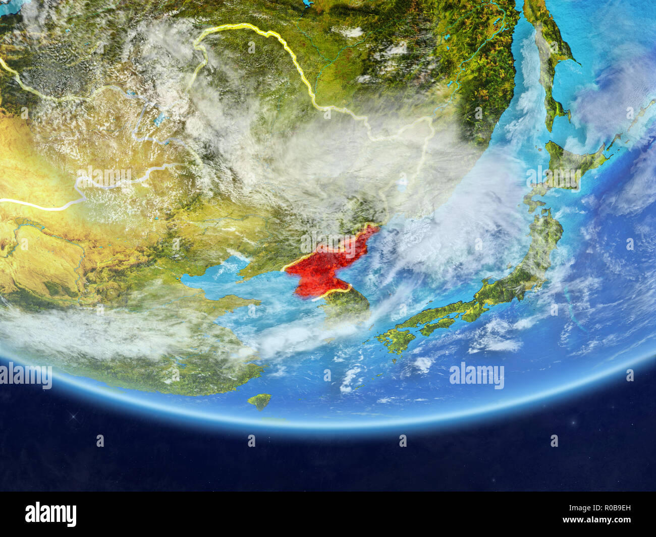 North Korea on realistic model of planet Earth with country borders and ...