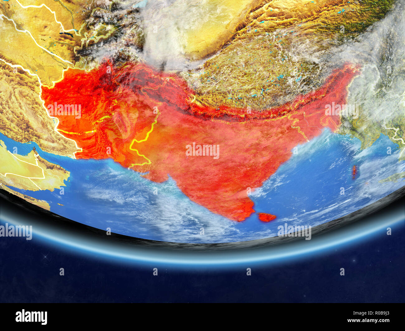 South Asia on realistic model of planet Earth with country borders and ...