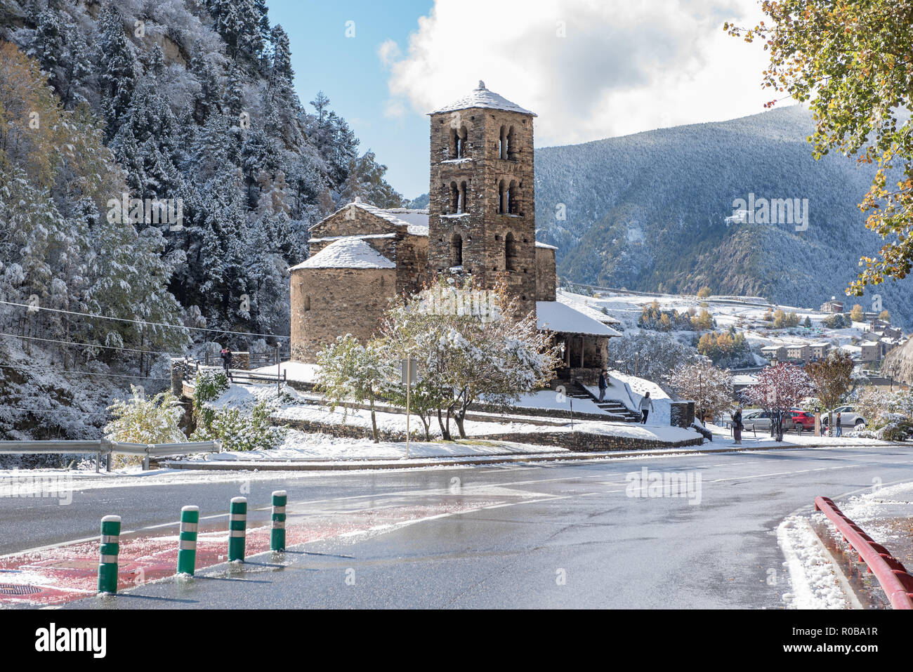 Snow in Sant Joan de Caselles Church in Canillo. Andorra la Vella, Andorra. Stock Photo