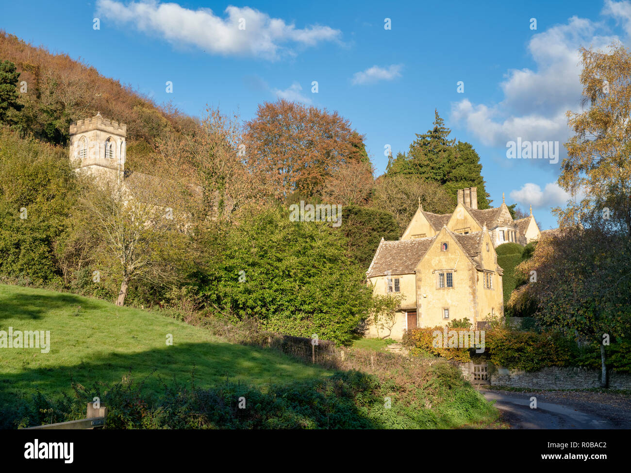 Owlpen manor estate in the afternoon light in autumn. Owlpen, Gloucestershire, Cotswolds, England Stock Photo