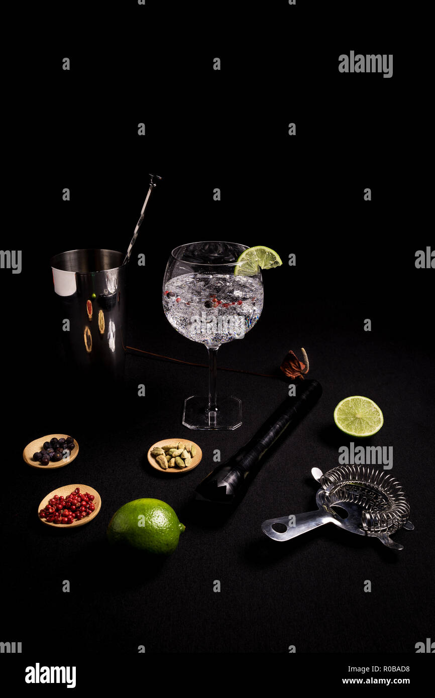 tasty and fresh gin and tonic cocktail on a black background next to