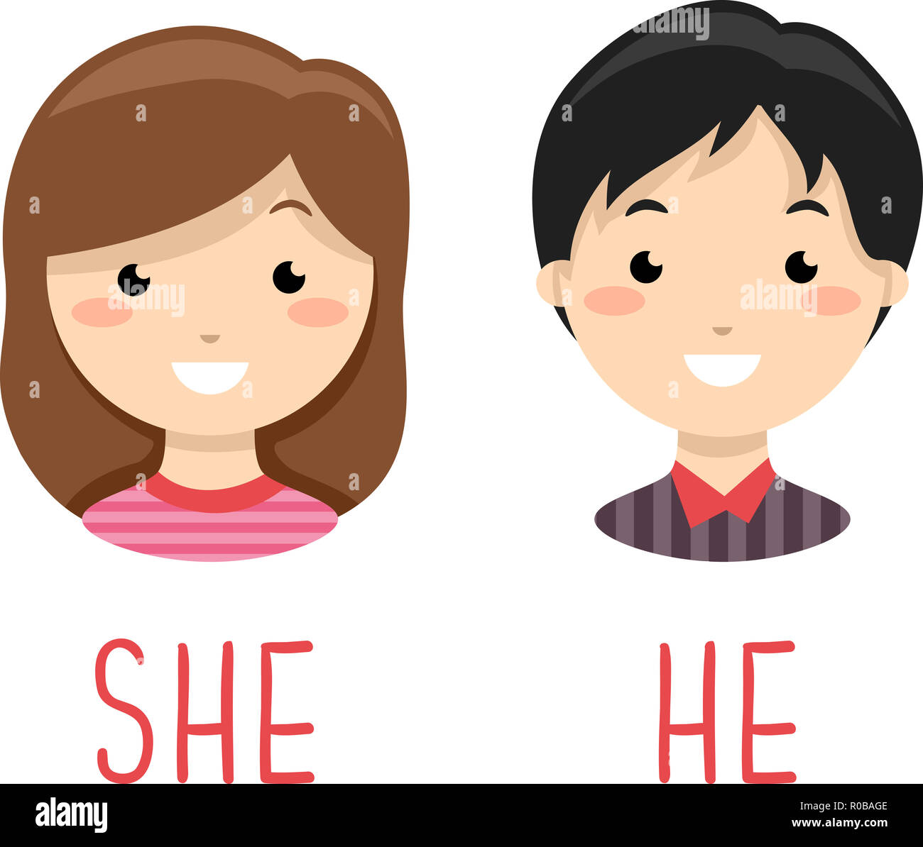 Illustration of a Girl and a Boy with a He and She Gender Identifier as Lesson Stock Photo