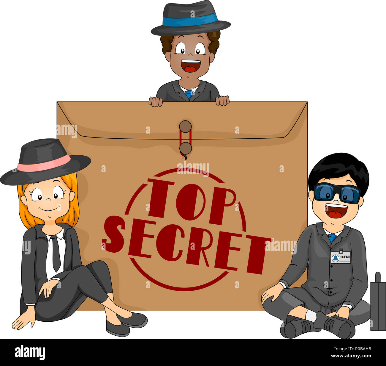 Illustration of Agent Kids In Black with an Envelope Labeled as Top Secret Stock Photo