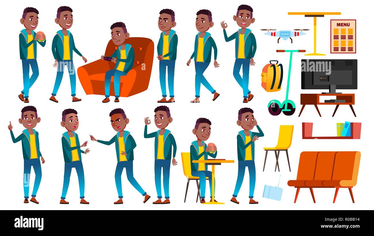 Boy Schoolboy Kid Poses Set Vector. Black. Afro American. High School ...