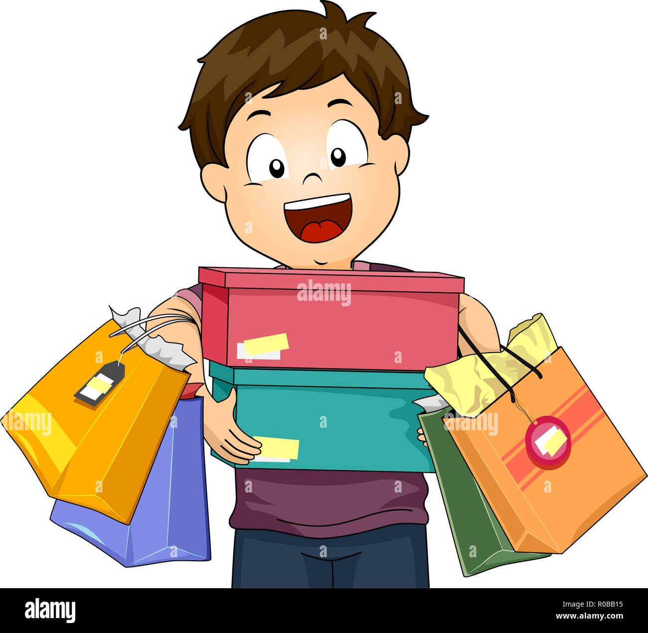Illustration of a Kid Boy Holding Shoe Boxes and Shopping Bags from