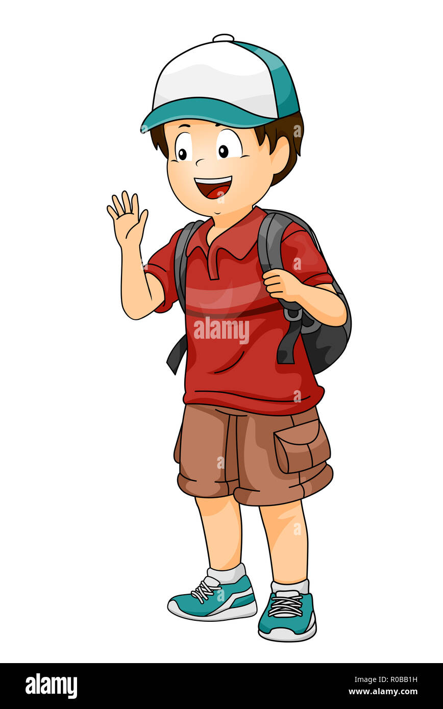 Illustration of a Kid Boy with a Cap and Carrying a Back Pack Waving Hello to a Friend Stock Photo