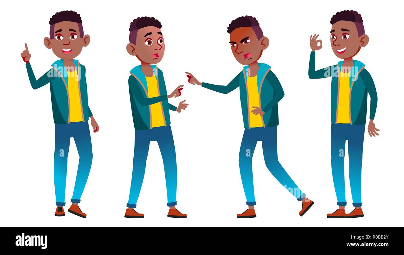 Boy Schoolboy Kid Poses Set Vector. Black. Afro American. High School ...