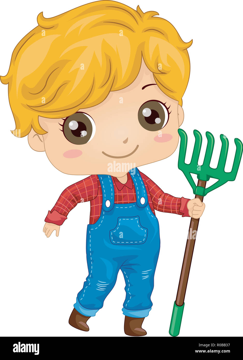 Illustration Of A Kid Boy Wearing Overalls And Holding A Rake Ready For Gardening Stock Photo Alamy
