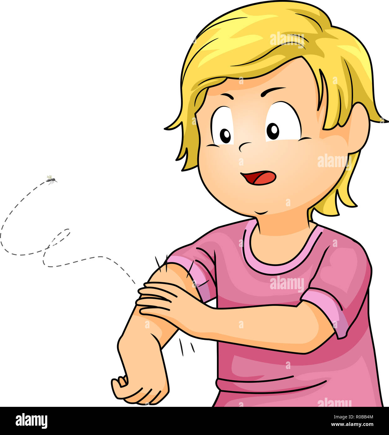 Illustration of a Kid Boy Swatting Mosquito Away from His Arm Stock