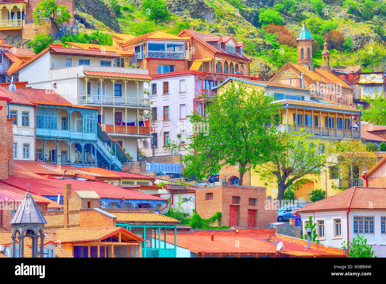 aerial view with traditional old houses in downtown of Tbilisi