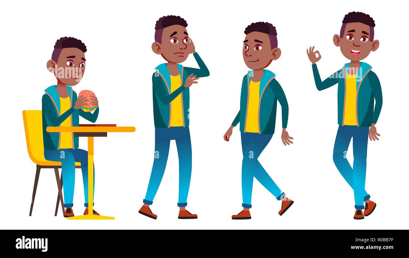 Boy Schoolboy Kid Poses Set Vector. Black. Afro American. High School ...