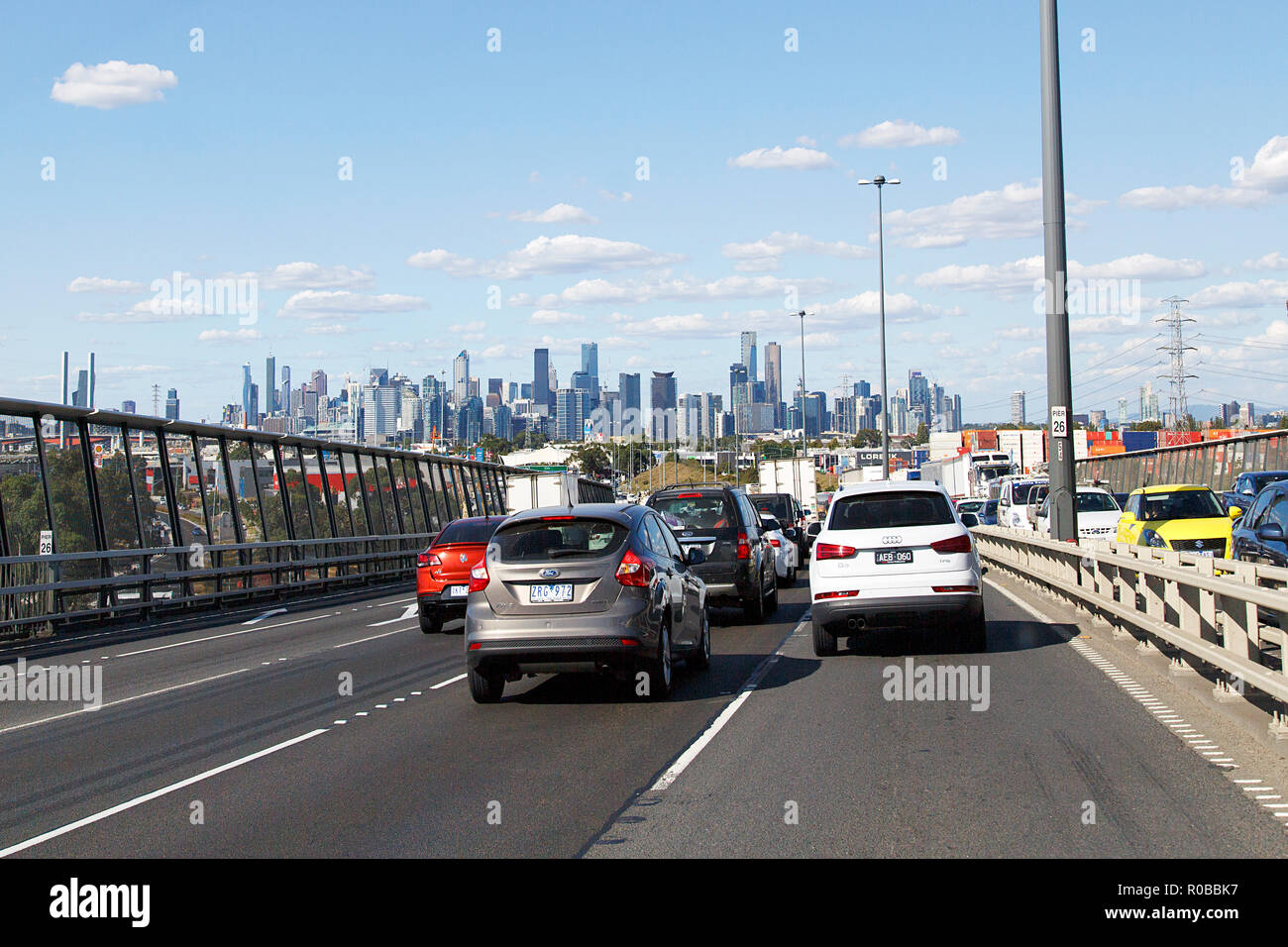 Melbourne, Australia: March 23, 2018: Traffic on the freeway at West Gate Bridge on the M1 into Melbourne Stock Photo